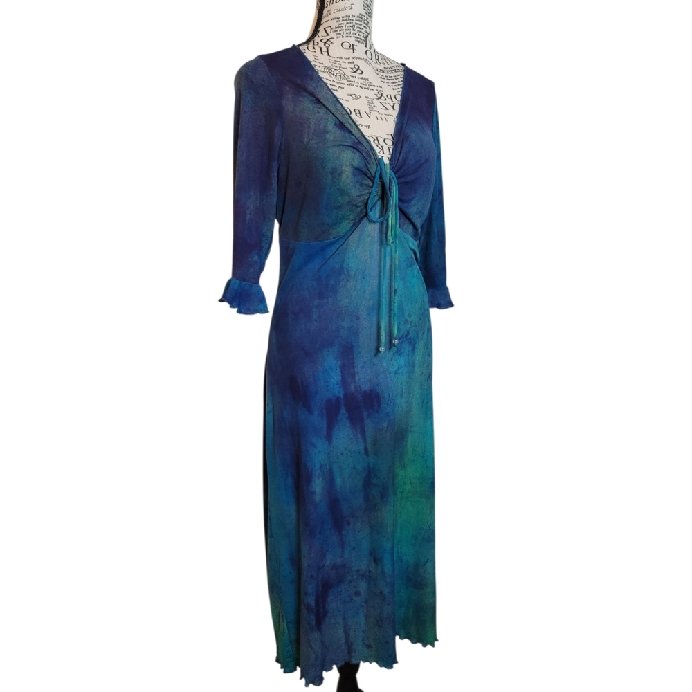 Y2K Aziz Blue Green Tie Dye Lace Up Midi Dress XL